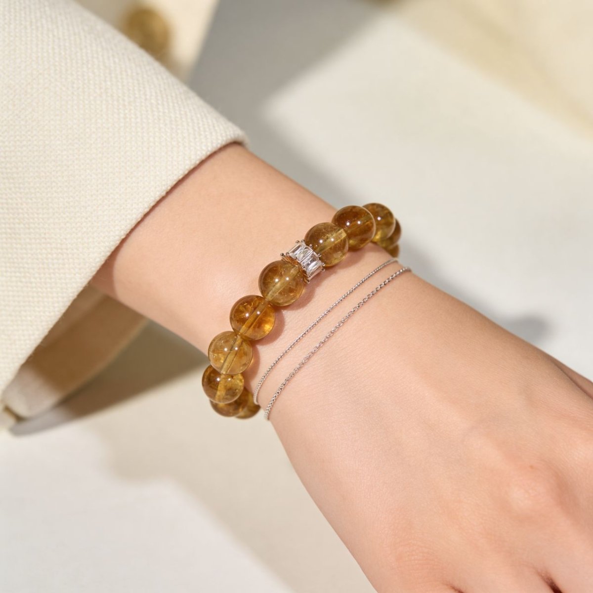 Golden Citrine bracelet for women styled with neutral outfit in soft natural light