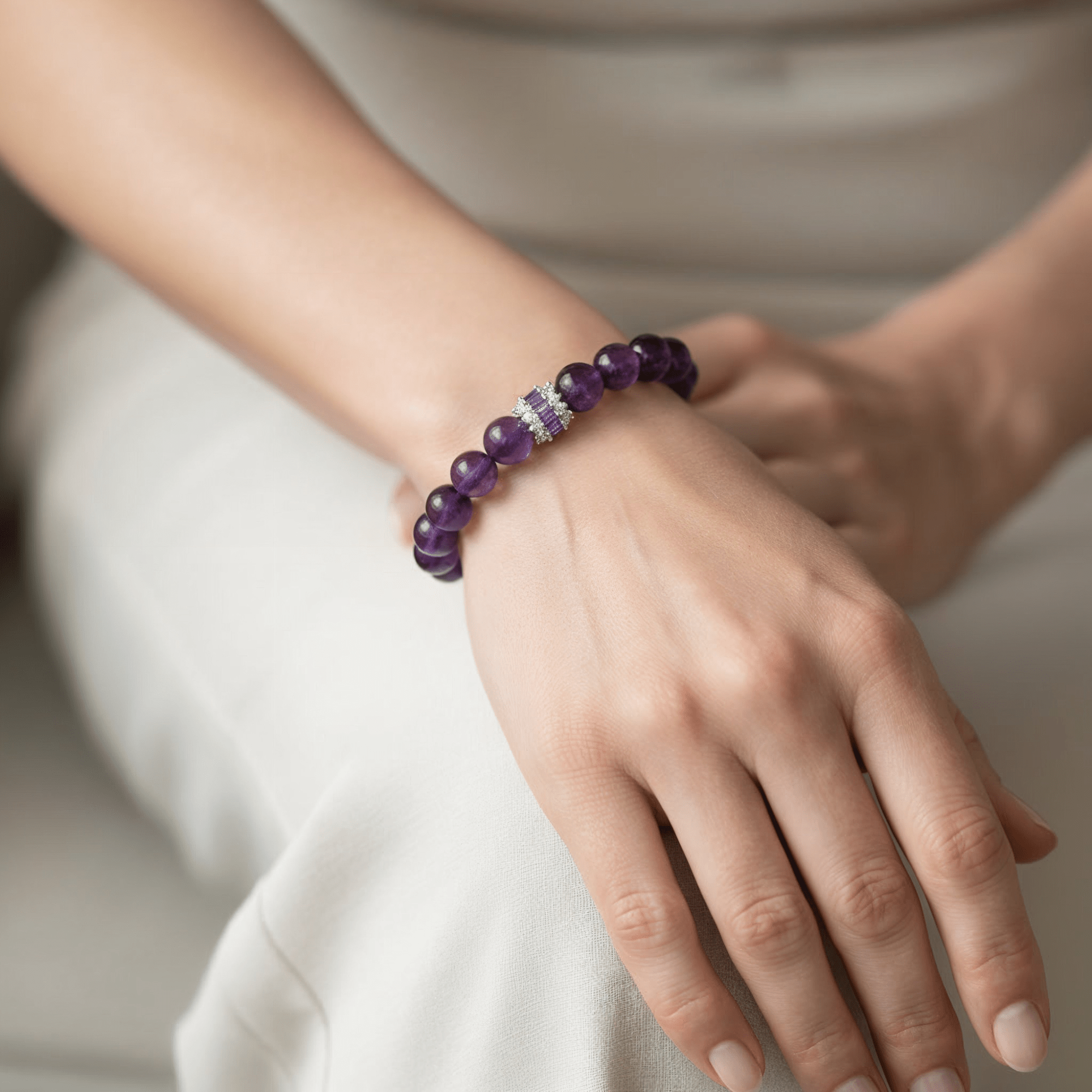 Woman Wearing Amethyst Bracelet - Calming Crystals for Anxiety