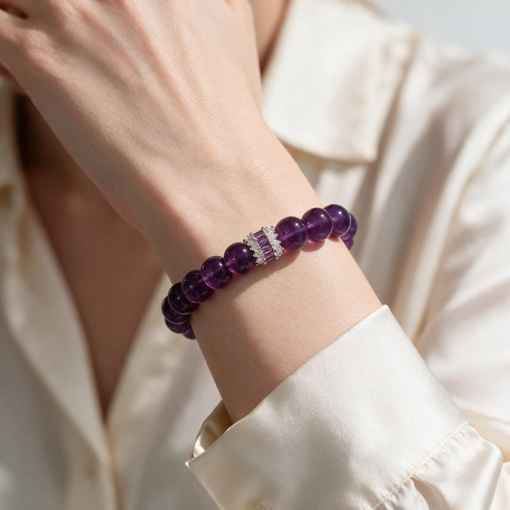 Royal Amethyst Elegance Bracelet styled with a cream blouse for everyday wear.