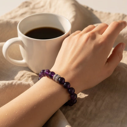 amethyst bracelet styled with coffee as everyday spiritual jewelry and anxiety crystal bracelet