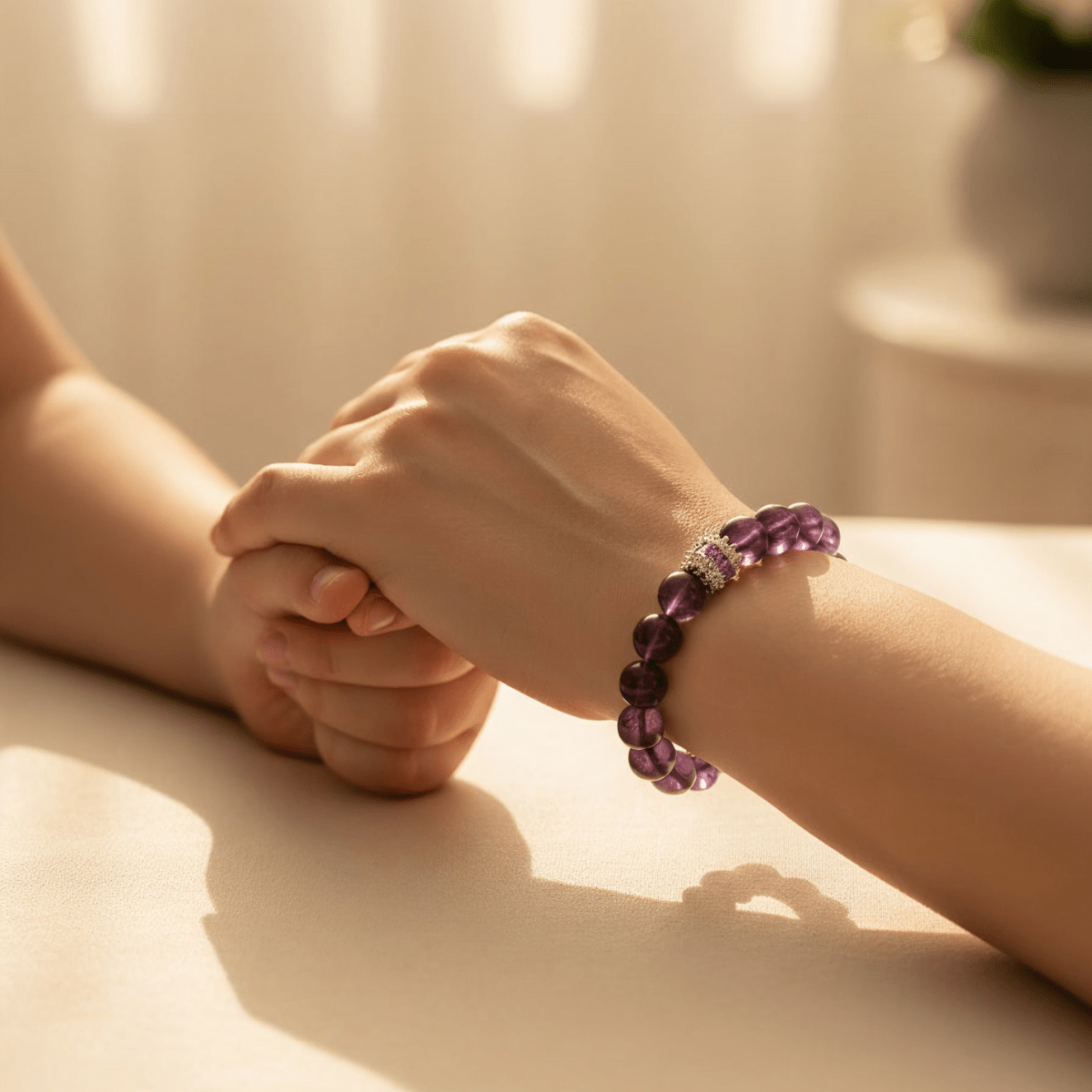 amethyst crystal bracelets worn by two people as matching spiritual jewelry for protection and support