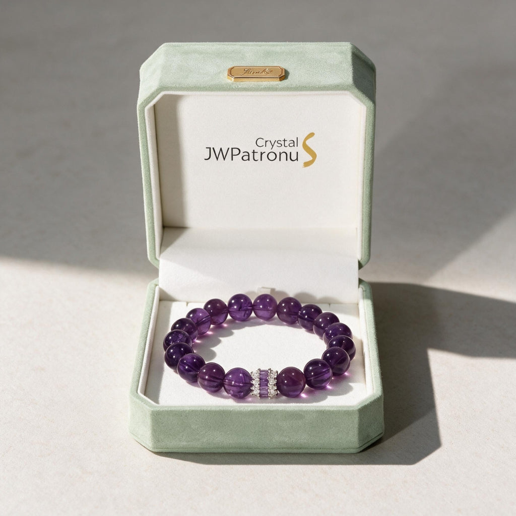 Royal Amethyst Elegance Bracelet presented in a JWPatronus keepsake jewelry box.