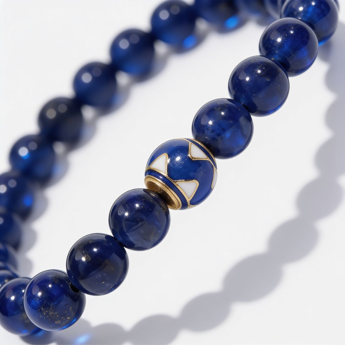 Close-up of Royal Horizon Lapis Lazuli Bracelet featuring natural lapis lazuli beads with deep blue tone and subtle golden flecks