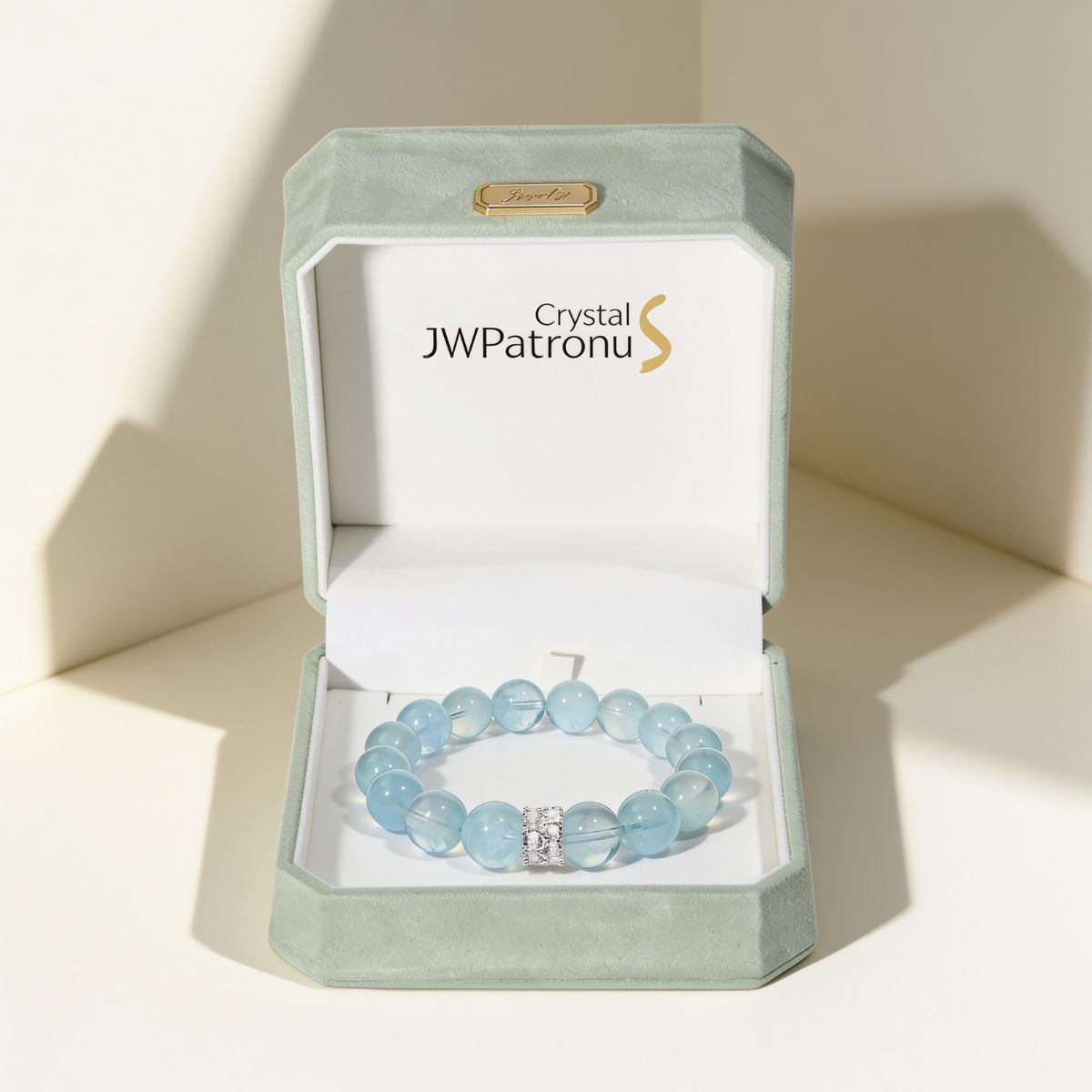 Silver Halo aquamarine bracelet presented in a JWPatronus gift box, ready for gifting or self-gifting.