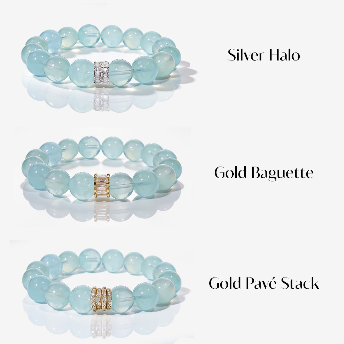 Three aquamarine bracelet finish options shown together: Silver Halo, Gold Baguette, and Gold Pavé Stack.