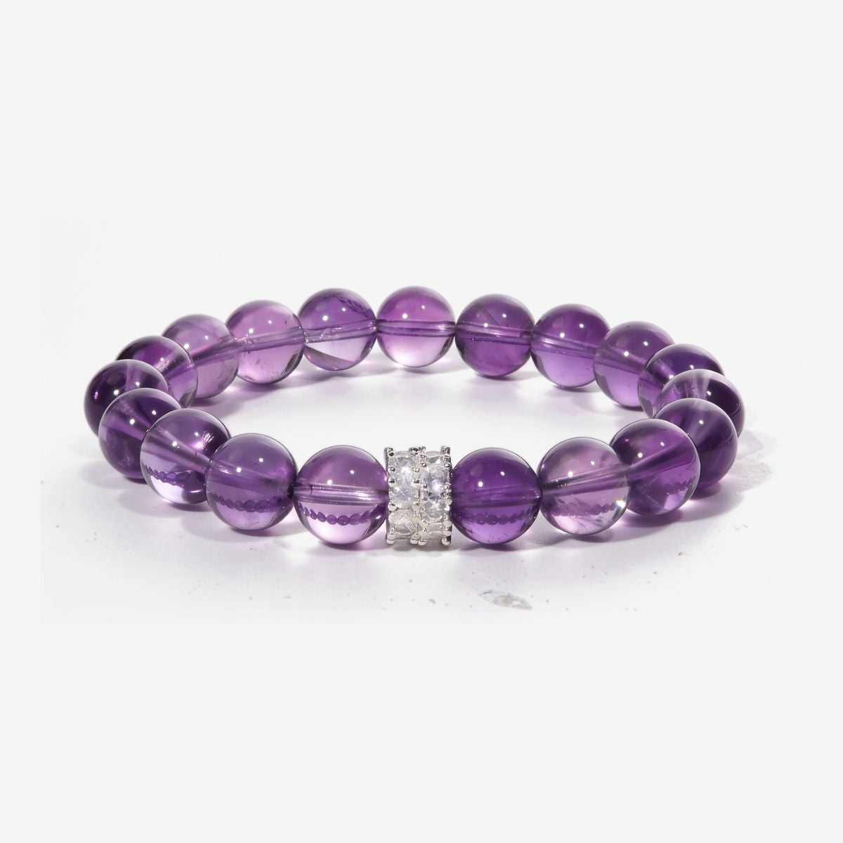 Serenity Bloom Amethyst Bracelet with natural Lavender Amethyst beads and a sterling silver crystal centerpiece