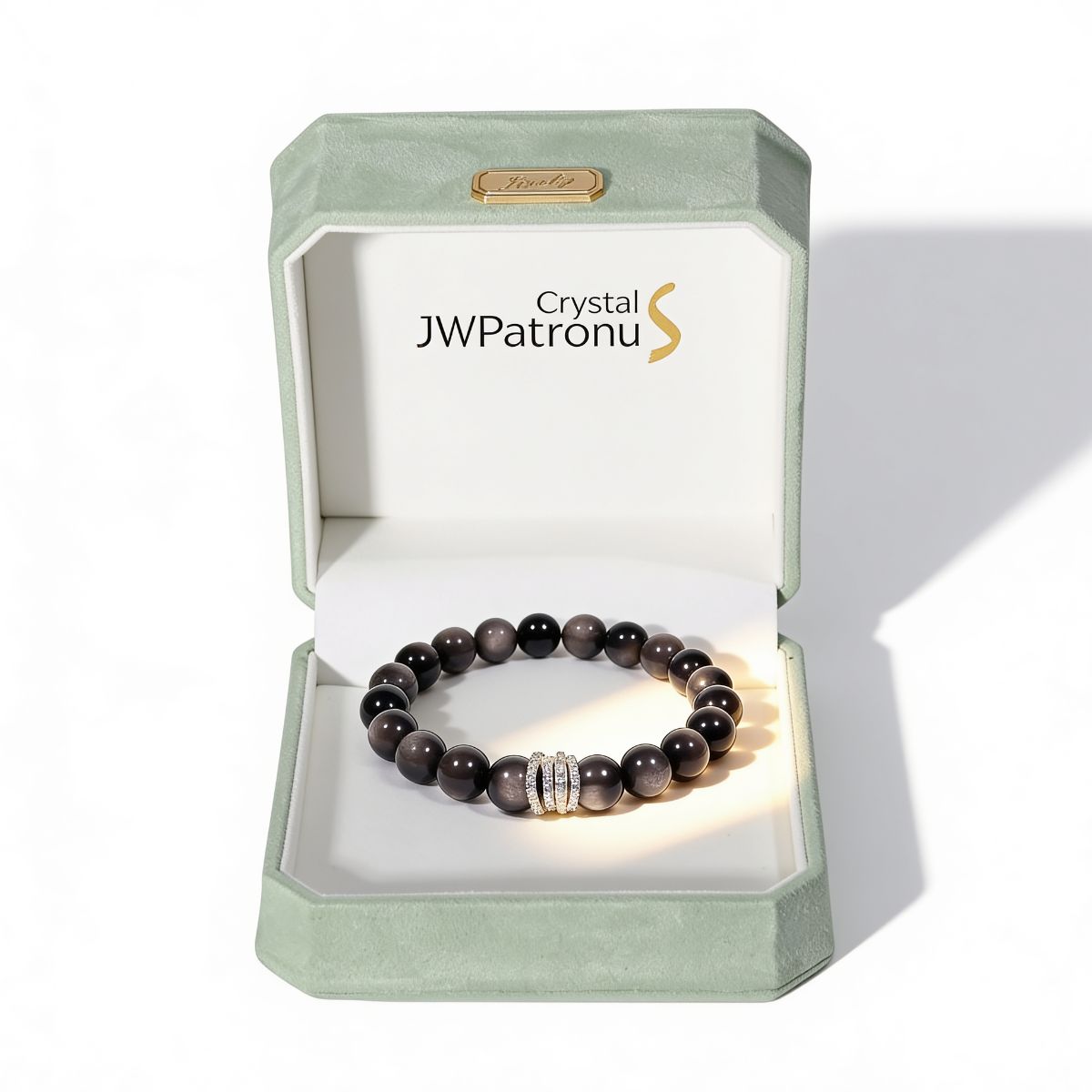 Midnight Shield Silver Sheen Obsidian Beaded Bracelet presented in a JW Patronus gift box