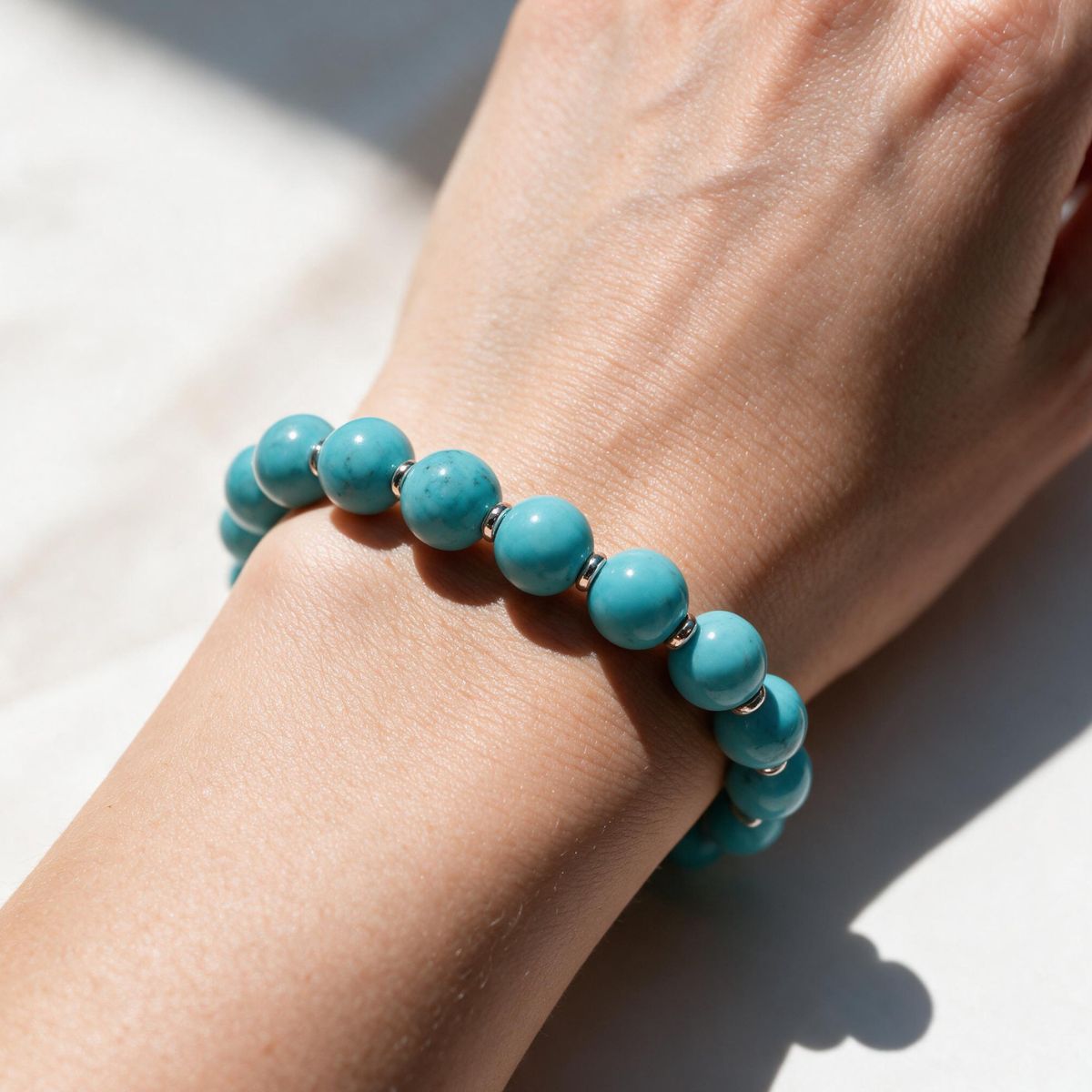 Sky-blue natural turquoise bracelet styled on a woman's wrist in natural light