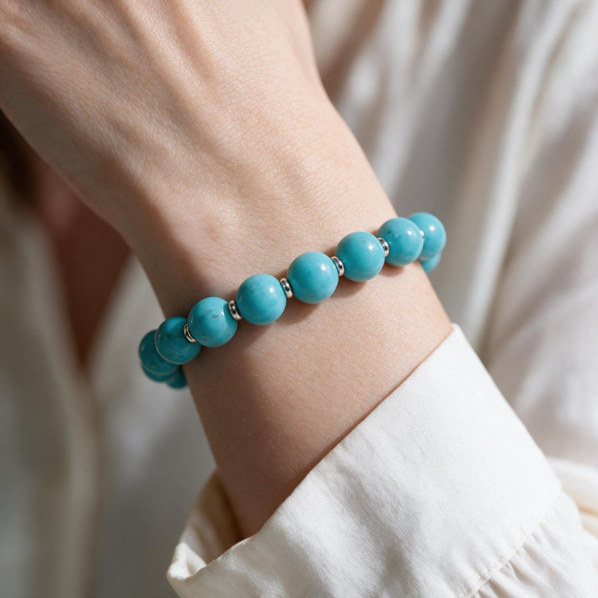 Skybound turquoise beaded bracelet styled with a white sleeve for everyday wear