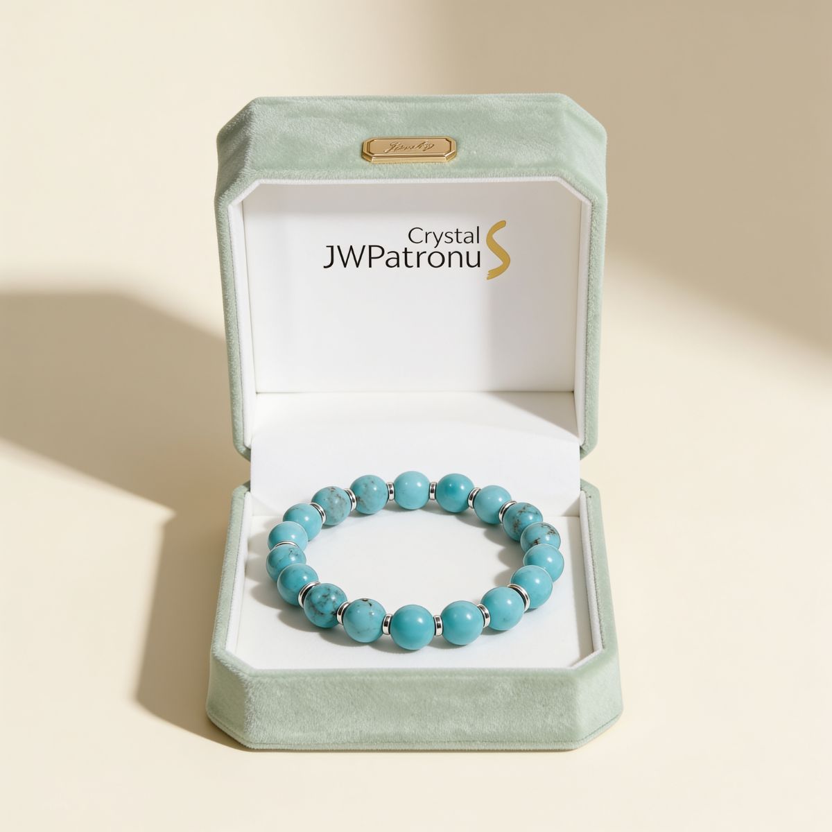 Skybound Turquoise Beaded Bracelet presented in a JWPatronus gift box, ready for gifting.