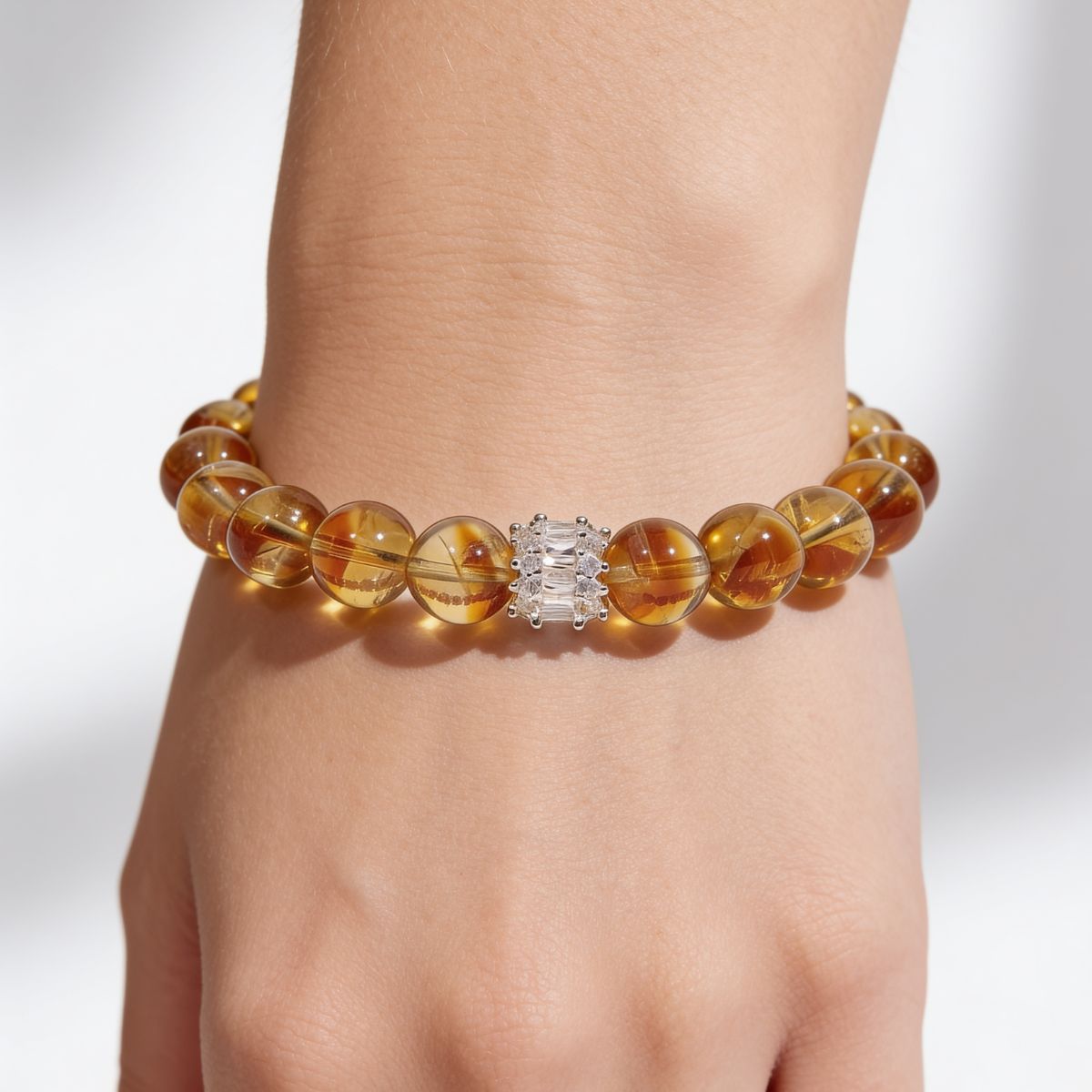 Solar Radiance Citrine Bracelet with 11mm Brazilian Citrine beads and silver-tone crystal-accent centerpiece