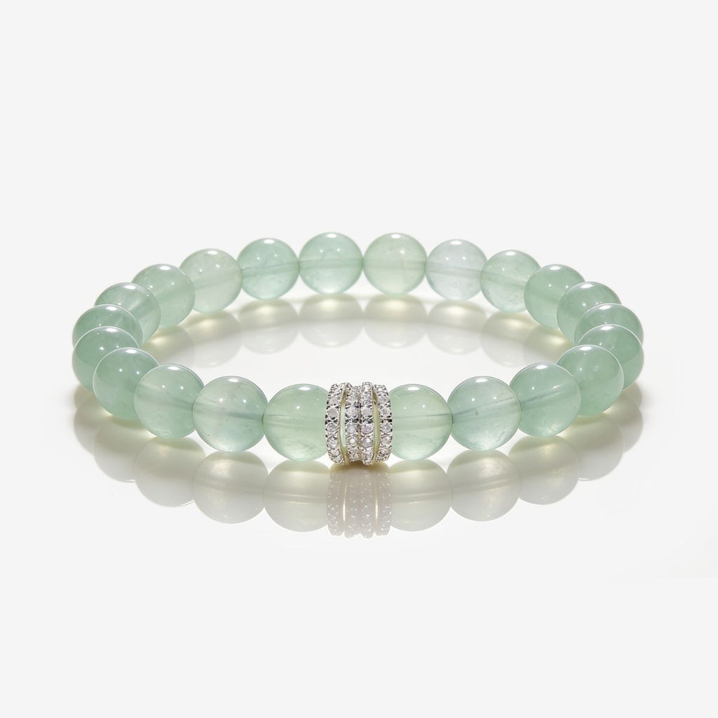 South African Green Fluorite beaded bracelet with 10mm round beads and silver-tone cubic zirconia centerpiece