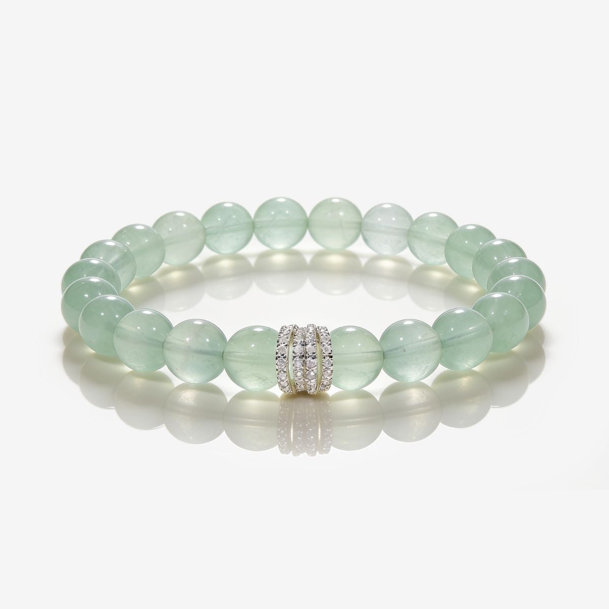 South African Green Fluorite beaded bracelet with 10mm round beads and silver-tone cubic zirconia centerpiece