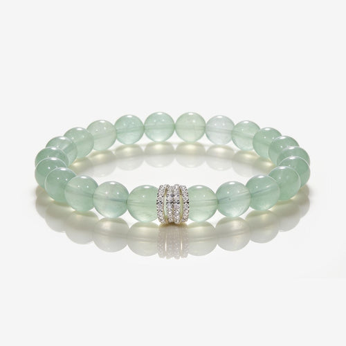 South African Green Fluorite beaded bracelet with 10mm round beads and silver-tone cubic zirconia centerpiece