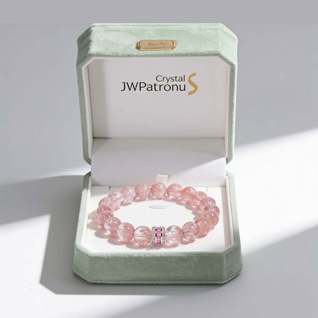 Blush Harmony Strawberry Quartz Beaded Bracelet presented in a JW Patronus gift box