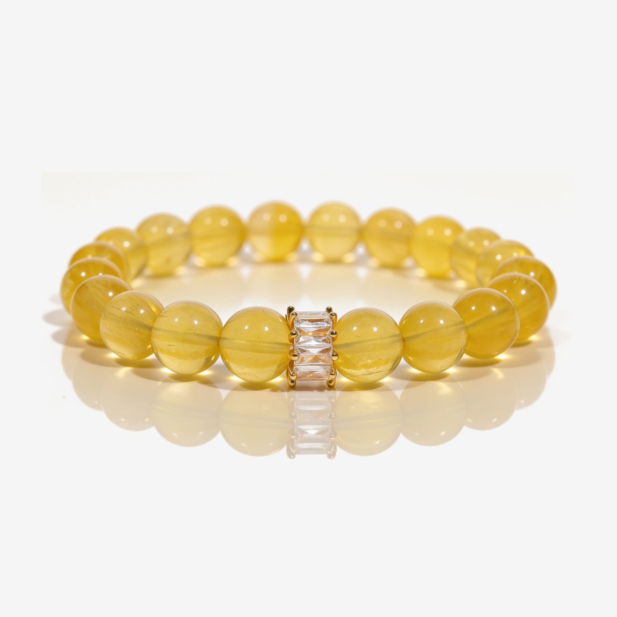 Sunlit Clarity Yellow Fluorite Beaded Bracelet with 10mm golden-yellow beads and gold-tone baguette centerpiece