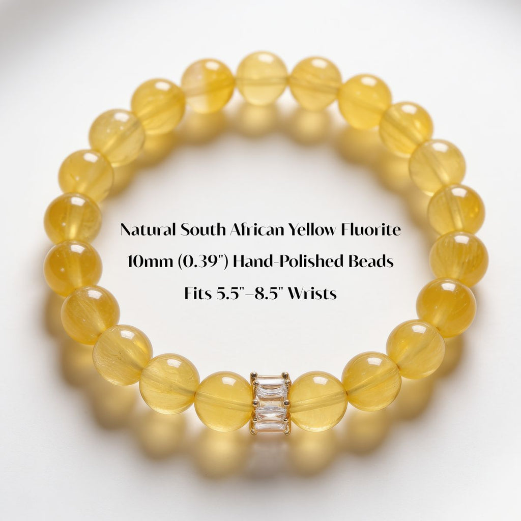 South African Yellow Fluorite bracelet size details showing 10mm hand-polished beads and 5.5 to 8.5 inch wrist fit