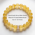 South African Yellow Fluorite bracelet size details showing 10mm hand-polished beads and 5.5 to 8.5 inch wrist fit