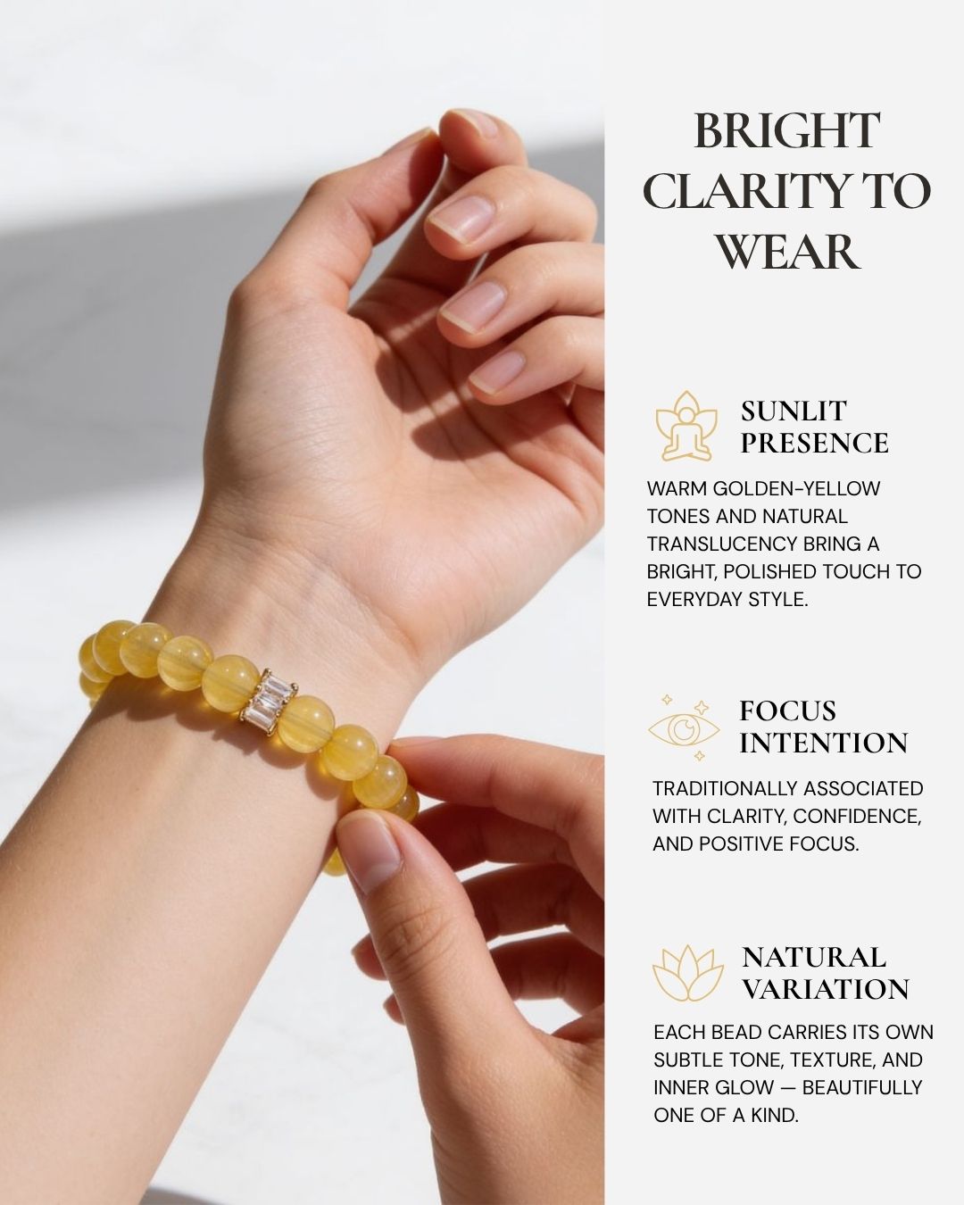 Sunlit Clarity Yellow Fluorite Beaded Bracelet worn on the wrist, featuring natural golden-yellow 10mm beads and a gold-tone clear baguette-style centerpiece.