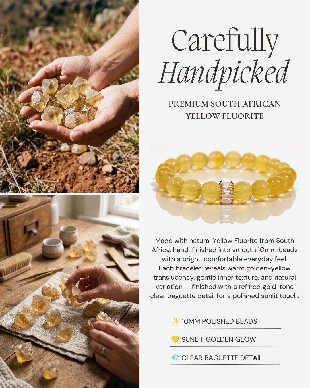 Handpicked South African Yellow Fluorite stones beside the Sunlit Clarity Yellow Fluorite Beaded Bracelet, featuring 10mm golden-yellow beads and a clear baguette detail.