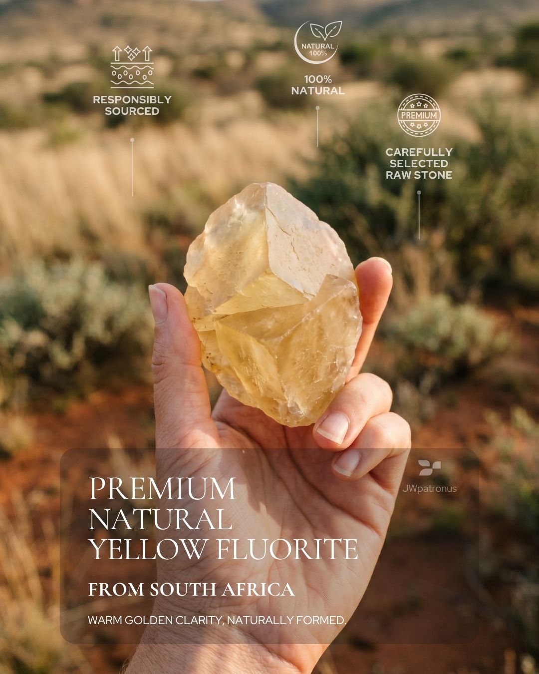 Natural South African Yellow Fluorite crystal with warm golden clarity, shown as the raw gemstone inspiration for the Sunlit Clarity Yellow Fluorite Beaded Bracelet.