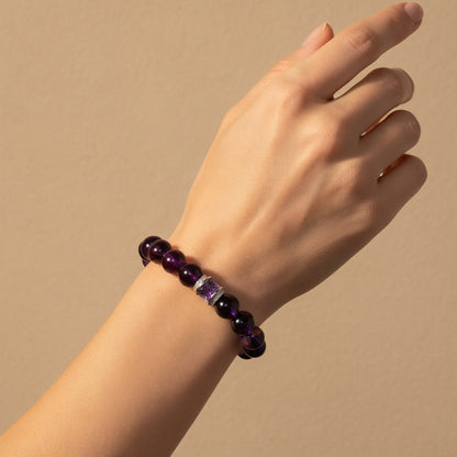 woman wearing graceful amethyst poise bracelet for calm, balance, and emotional clarity