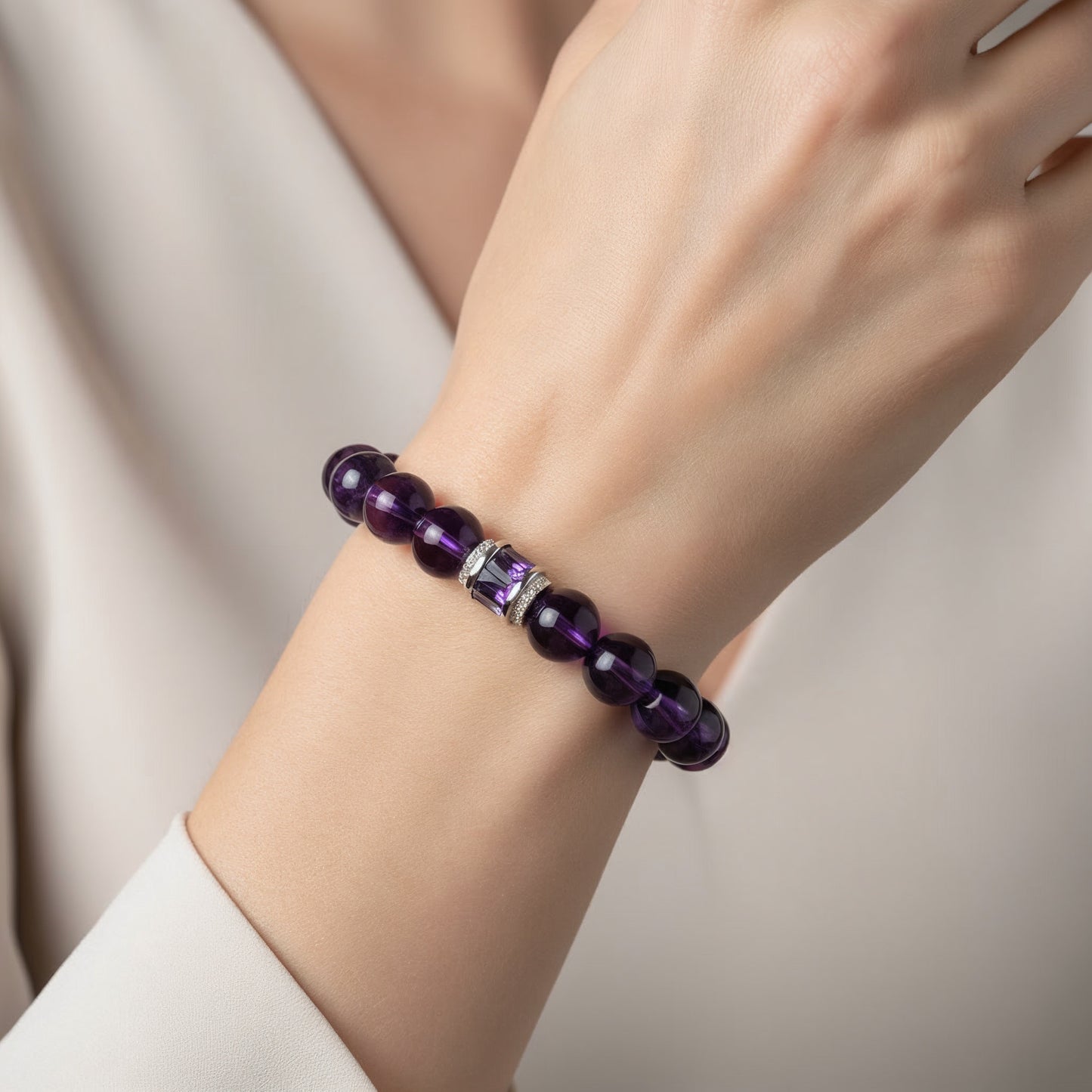 amethyst healing bracelet worn on wrist as spiritual jewelry for emotional balance and peace