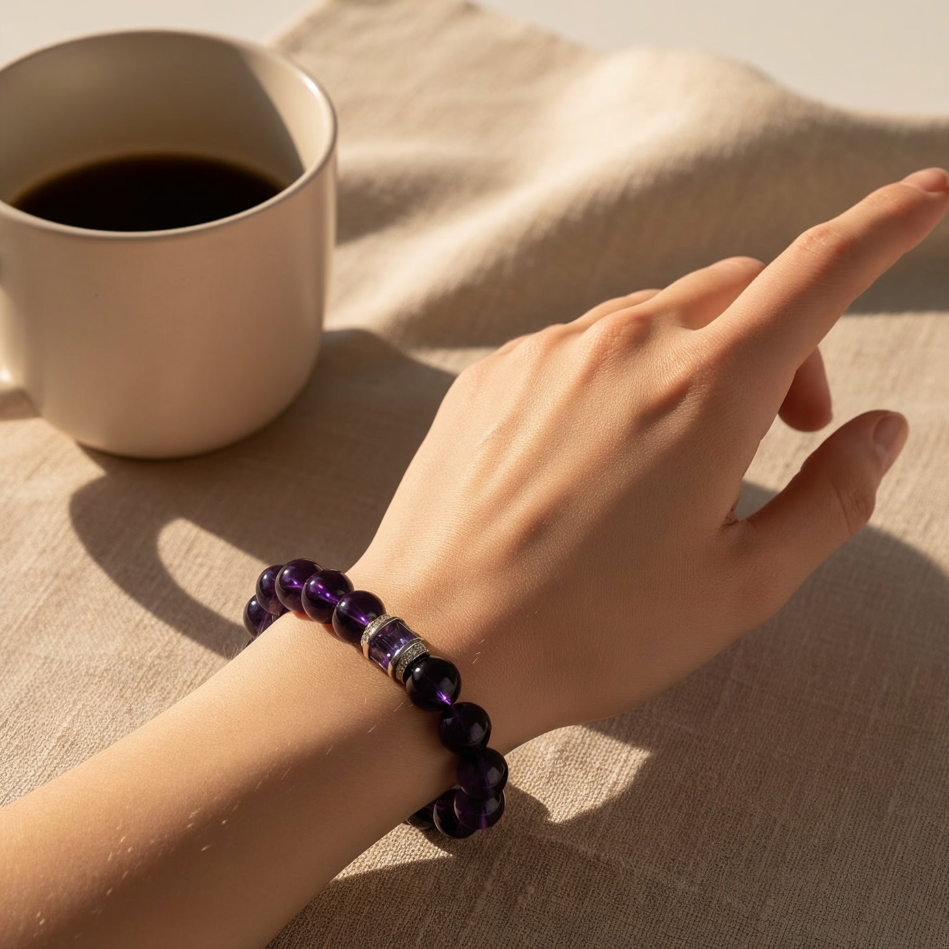amethyst healing crystal bracelet worn daily, calming purple crystal bracelet for peace