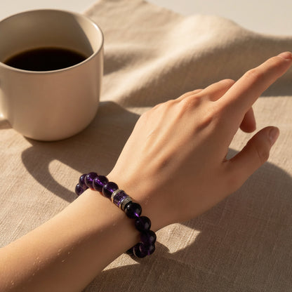 amethyst healing crystal bracelet worn daily, calming purple crystal bracelet for peace