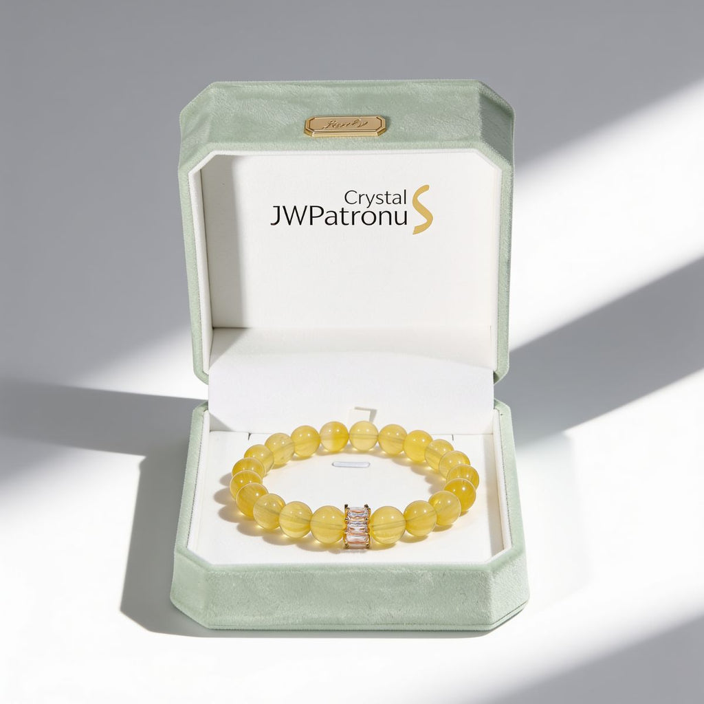 Sunlit Clarity Yellow Fluorite Beaded Bracelet presented in a JW Patronus gift box