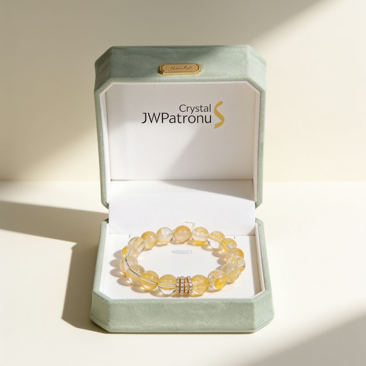 Golden Blossom Yellow Quartz Beaded Bracelet presented in a JW Patronus gift box